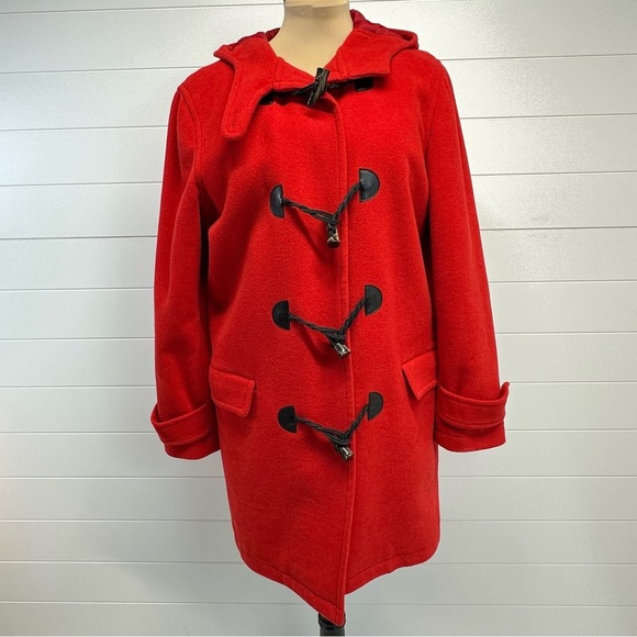 Ralph Lauren Chaps RED Wool Blend Classic Hooded Pea Coat Toggle Closure Sz L - Picture 2 of 8